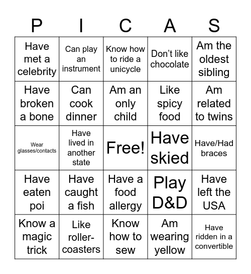 Yearbook Bingo Card