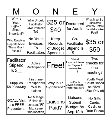 Independent Living Youth Group Money Bingo Card