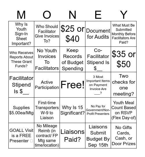 Independent Living Youth Group Money Bingo Card