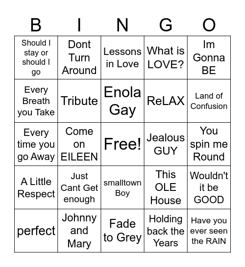 Hits of the 80"s Bingo Card