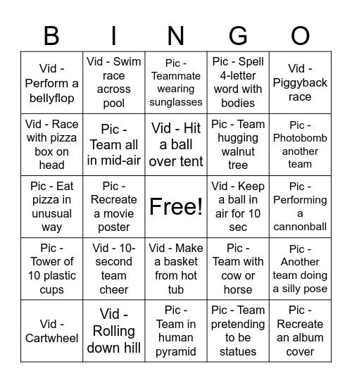 Picture/Video Bingo Card