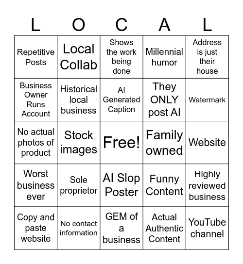 Local Business Bingo Card