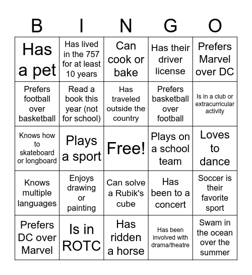 Getting to Know You: Bingo Card
