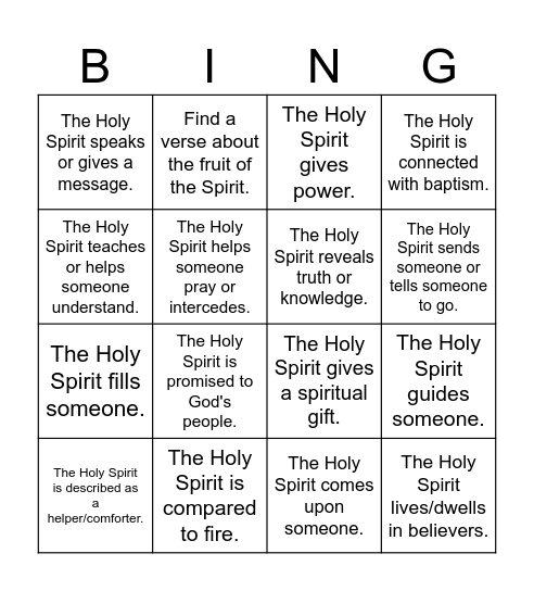 Holy Spirit Bingo Card