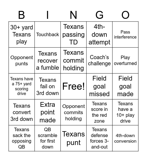 Texans BINGO Card