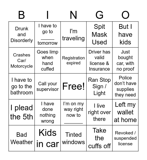 OPL/Body Cam Bingo Card