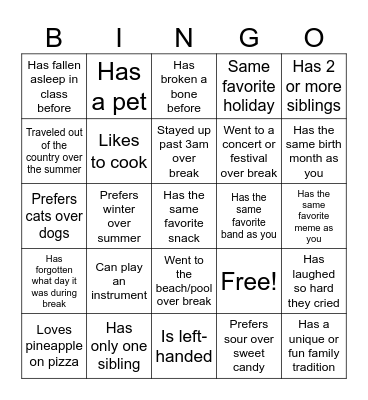 Classmate Connections Bingo Card