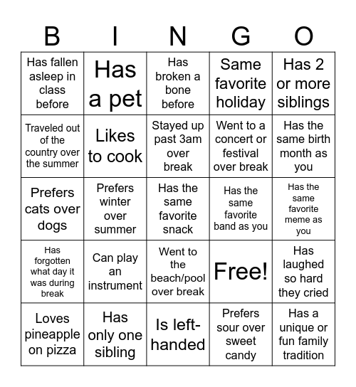 Classmate Connections Bingo Card