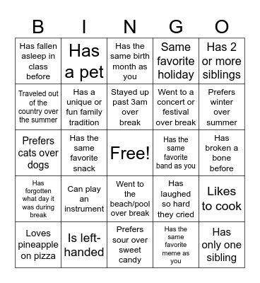 Classmate Connections Bingo Card