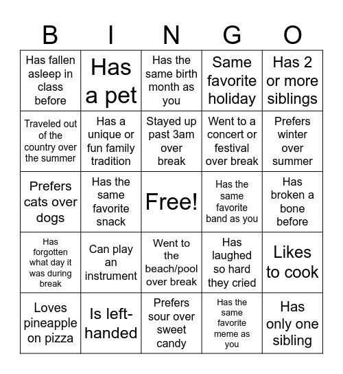Classmate Connections Bingo Card