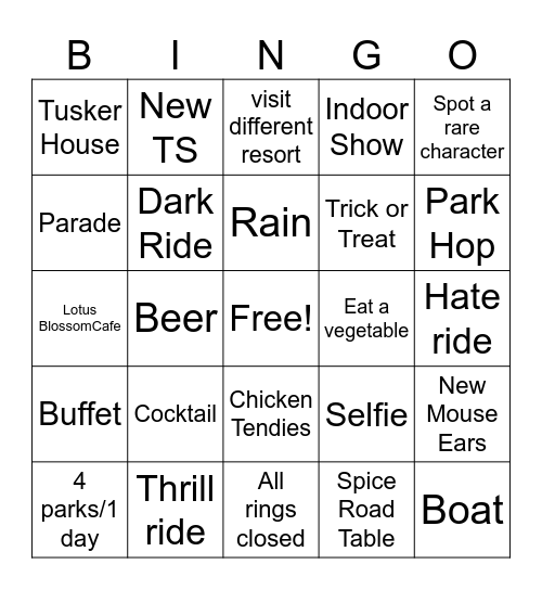 Disneyworld Bingo Card