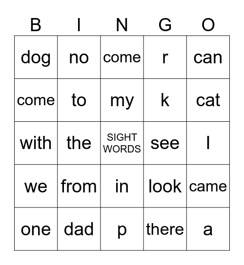 SIGHT WORD BINGO Card