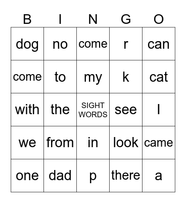 SIGHT WORD BINGO Card