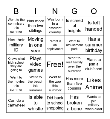 Summer, Miltary and Miscellaneous Facts Bingo Card