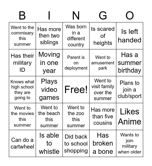 Summer, Miltary and Miscellaneous Facts Bingo Card
