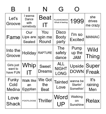 80"s Dance party Bingo Card