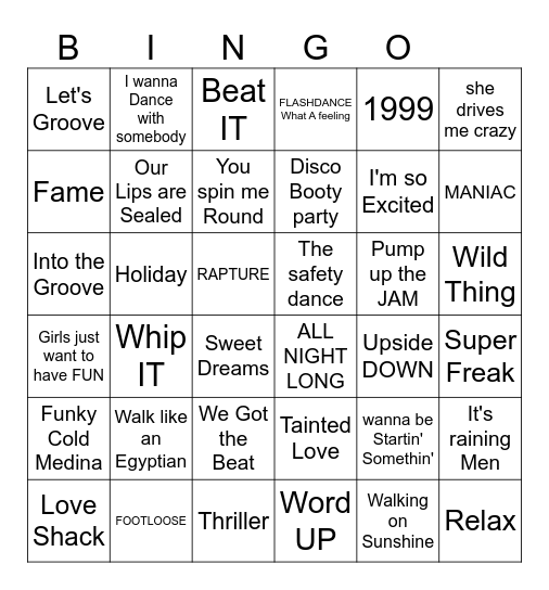 80"s Dance party Bingo Card