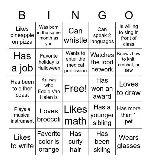 Icebreaker Bingo Card