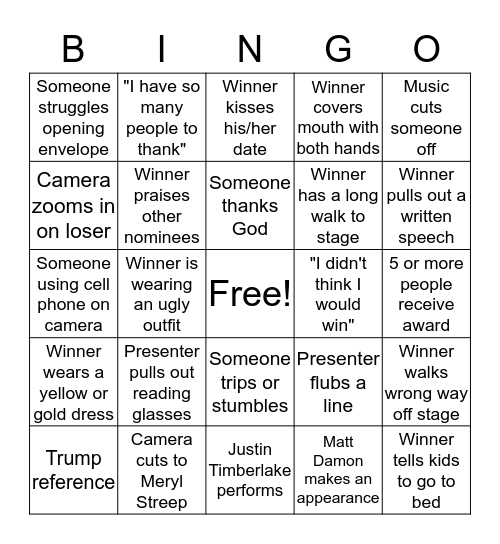 Oscars 2017 Bingo Card