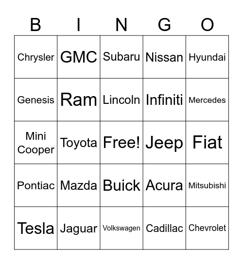 Car Bingo Card