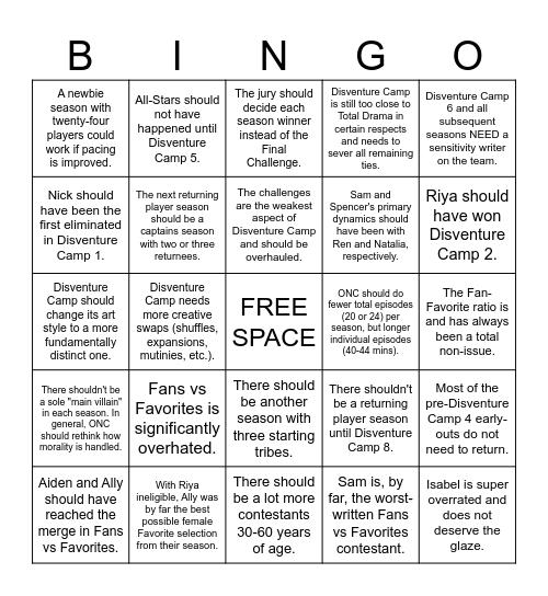 RQ's Disventure Camp Hot Takes (August 2026) Bingo Card