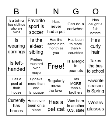 Middle School Human Bingo Card