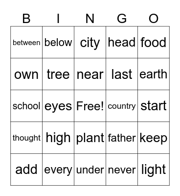 Sight Words Bingo Card