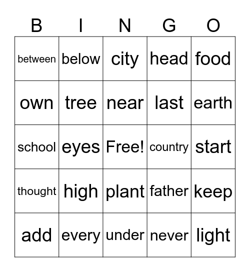 Sight Words Bingo Card