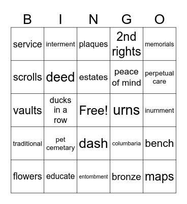 cemetary Bingo Card
