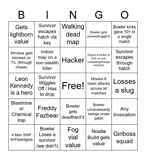 DBD Killer Bingo Card
