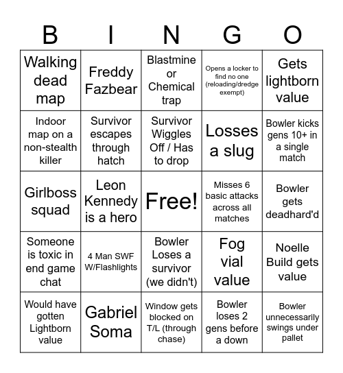 DBD Killer Bingo Card