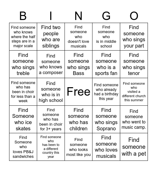 Choir Bingo Card