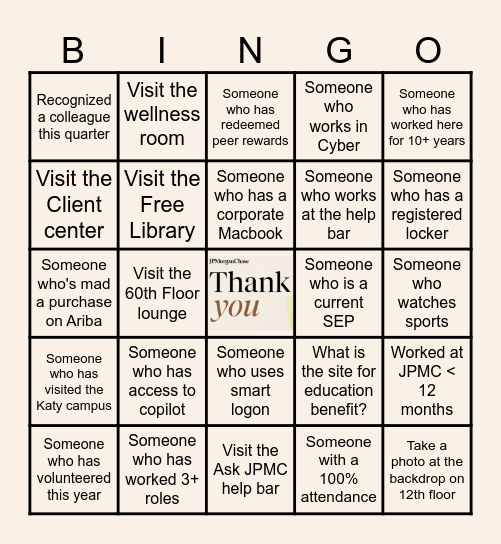 Ask JPMC / Bingo Scavenger Hunt Bingo Card