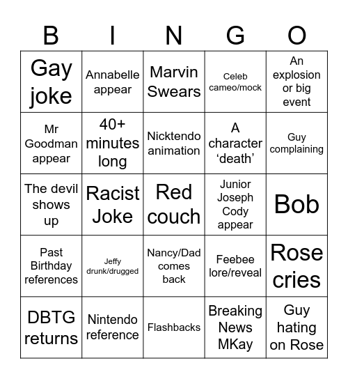 Jeffy’s 22nd Birthday Bingo Card