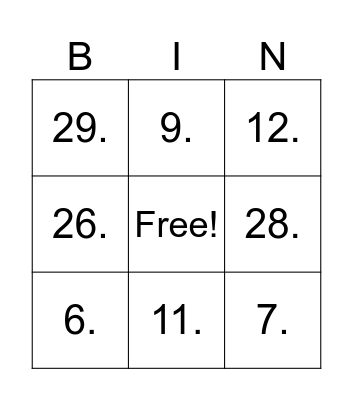 Bingo Musical Bingo Card