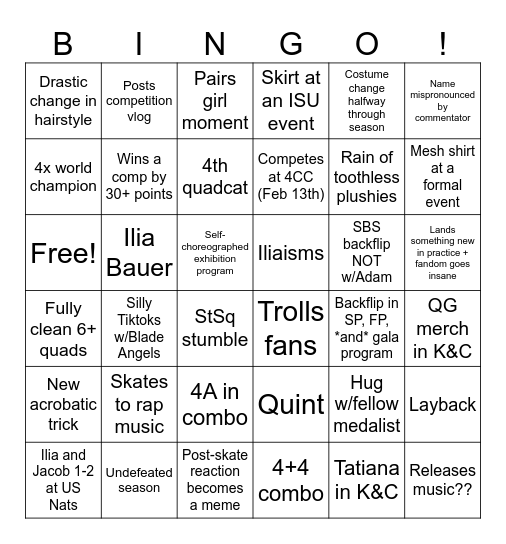 Ilia Malinin 2025-27 Season Bingo Card