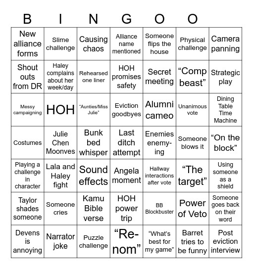 Big Brother mega bingo Card