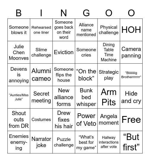 Big Brother mega ish bingo Card