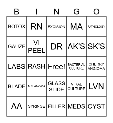 KAISER SSF DERMATOLOGY DEPT Bingo Card