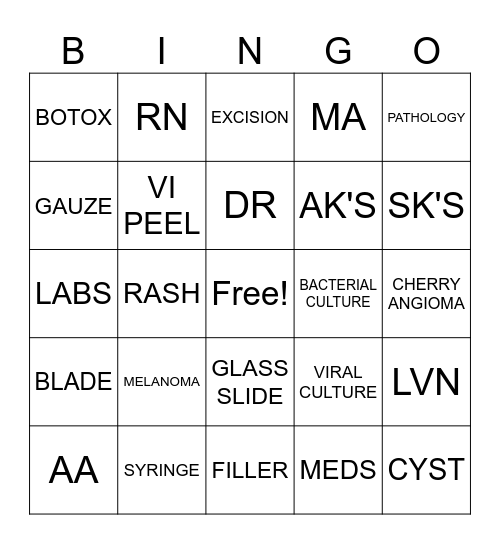 KAISER SSF DERMATOLOGY DEPT Bingo Card
