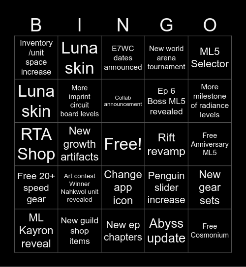 E7 8th Anniversary Bingo Board Bingo Card