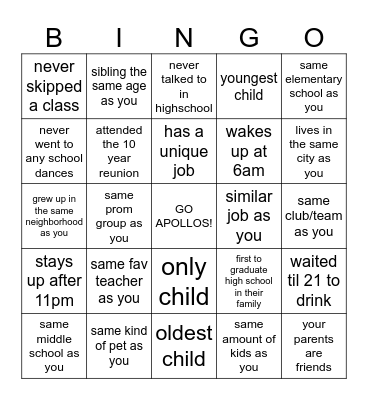 Sunset Highschool Class of 2006 - Classmate Search Bingo Card