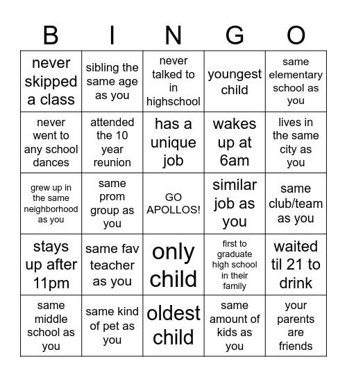 Sunset Highschool Class of 2006 - Classmate Search Bingo Card