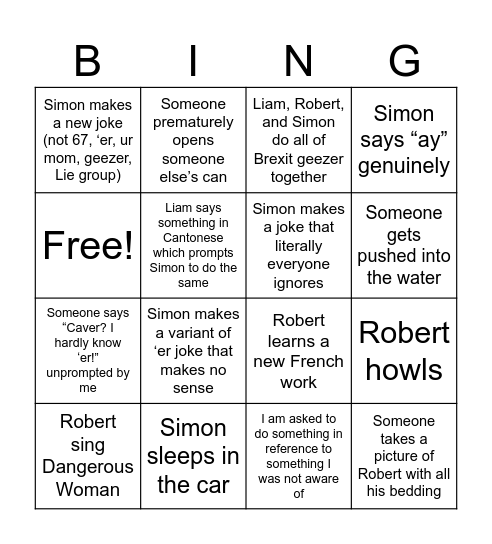 Canmore Camping Bingo Card