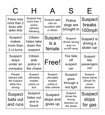 Car Chase Bingo Card