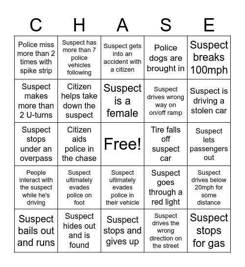Car Chase Bingo Card