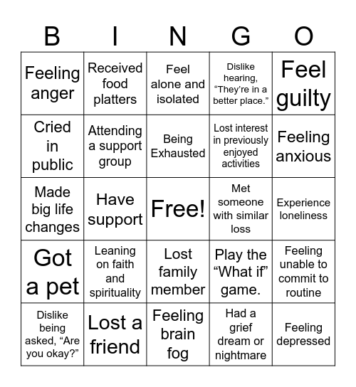 Navigating Grief Bingo Card