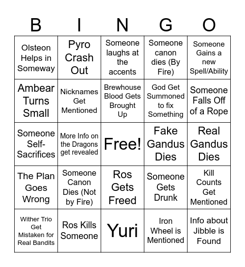 The Flight Bandit Attack Bingo Card
