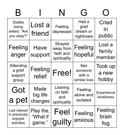 Navigating Grief Bingo Card