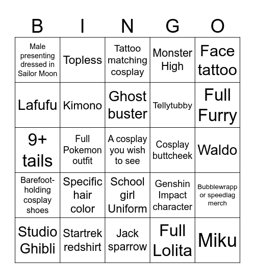 Planet Anime Con Bingo Card